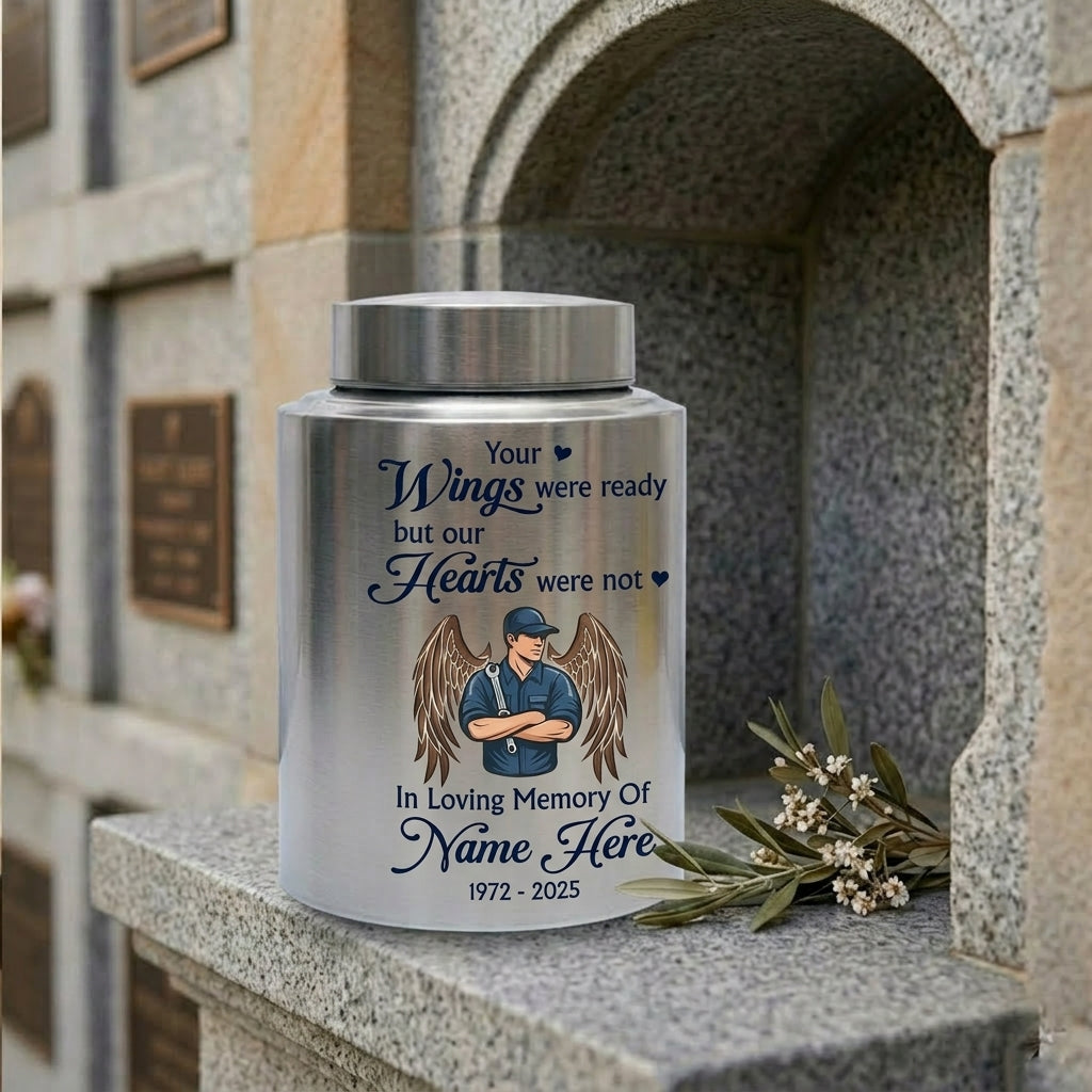 Personalized Mechanic Wings Were Ready But Our Hearts Were Not UV Printed Ash Holder For Dad Father Husband Loss Support Memorial Keepsake Urn, Memorial Gift, In Loving Memory - Image 7