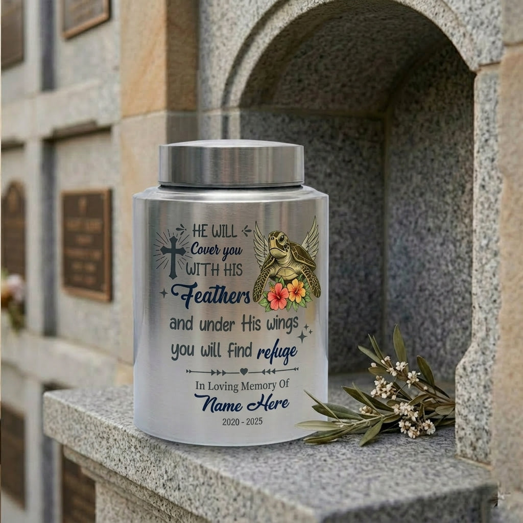 Personalized Sea Turtle Christian Cremation Urn for Human Ashes, He Will Cover You With His Feathers, Custom Name & Dates, Small & Large, Memorial Keepsake Urn, Memorial Gift, In Loving Memory - Image 7