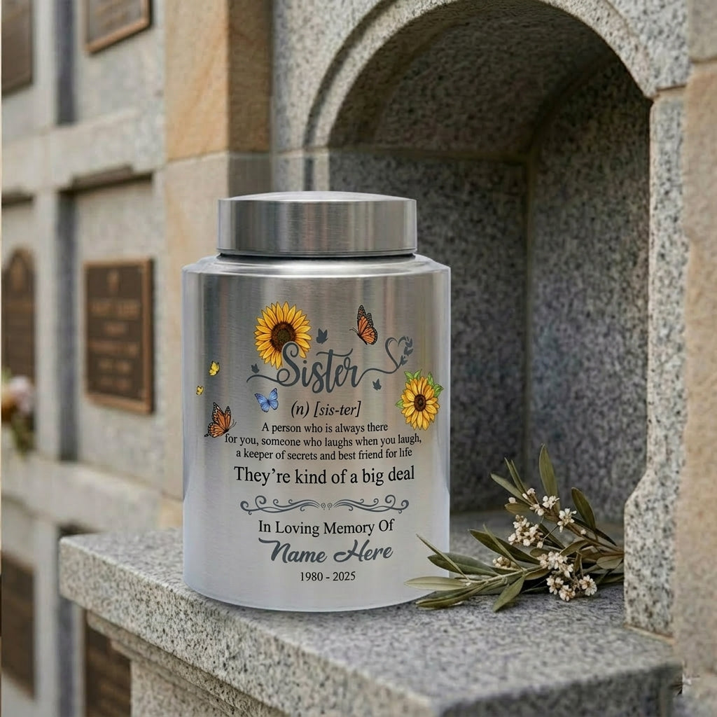 Personalized Sunflower Butterfly Sister Memorial Stainless Steel UV Print Urn for Loss of Best Friend Sister-in-Law Bereavement Tribute 2 Sizes Memorial Keepsake Urn, Memorial Gift, In Loving Memory - Image 7