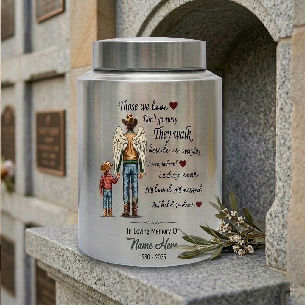 Personalized Cowboy Boots Hat Cross Stainless Steel Urn for Adult Human Ashes Loss of Father Husband Grandpa UV Printed Small and Large Memorial Keepsake Urn, Memorial Gift, In Loving Memory - Image 7