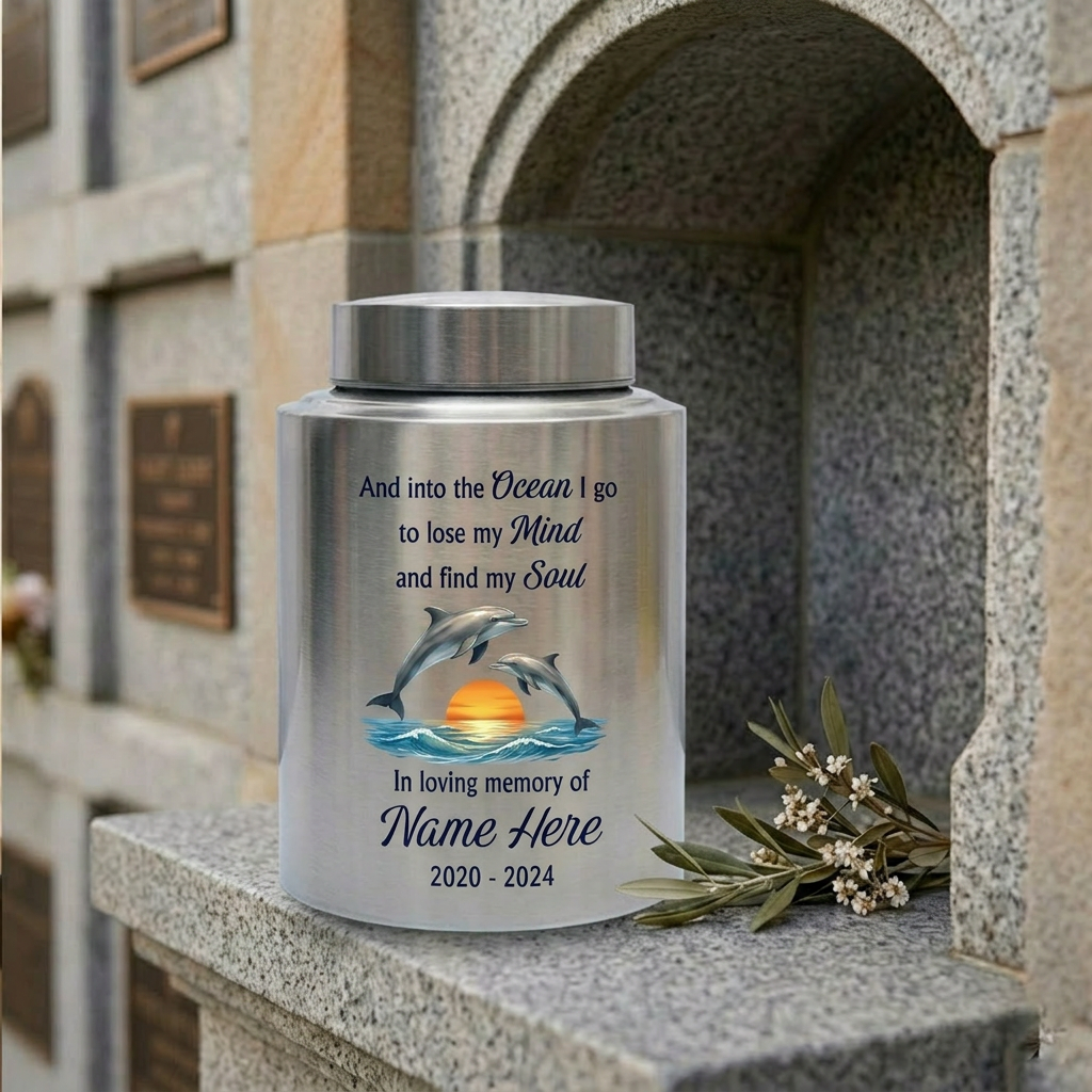 Personalized Dolphin Ocean Stainless Steel Cremation Urn for Adult Male Female Mom Dad, Large UV Print Decorative Funeral Ashes Container, Memorial Keepsake Urn, Memorial Gift, In Loving Memory - Image 7