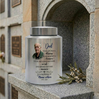 Personalized Dad Your Life Was A Blessing Custom Name Date UV Printed Stainless Steel Cremation Ash Container Loss Of Father Parent Bereavement Memorial Keepsake Urn, Memorial Gift, In Loving Memory - Image 7