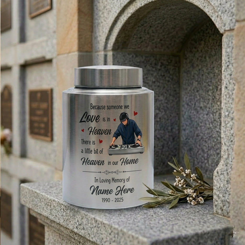 Personalized DJ Because Someone We Love Is In Heaven Stainless Steel Urn Sympathy Loss of Loved One Adult Ashes Bereavement 4 Color Large Memorial Keepsake Urn, Memorial Gift, In Loving Memory - Image 7