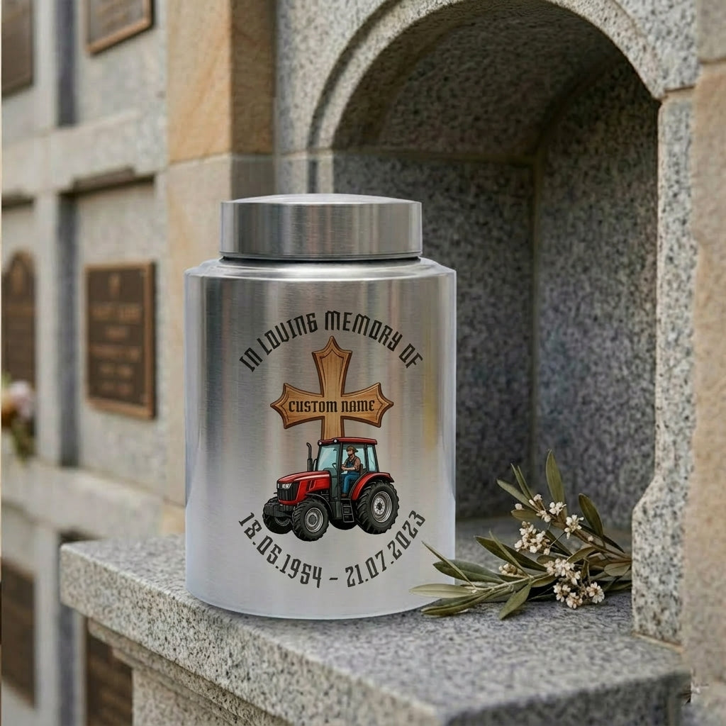 Personalized Farmer Tractor Gothic Cross Stainless Steel Urn for Human Ashes Loss of Father Grandfather Husband Decorative 5.9x3.9 7.5x5.1 Memorial Keepsake Urn, Memorial Gift, In Loving Memory - Image 7