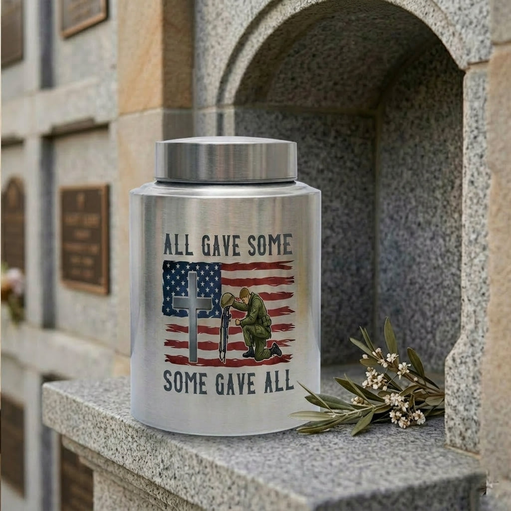 All Gave Some Veteran Kneeling Soldier American Flag Cross Stainless Steel Ash Container Military Army Navy Sympathy Bereavement Memorial Keepsake Urn, Memorial Gift, In Loving Memory - Image 7