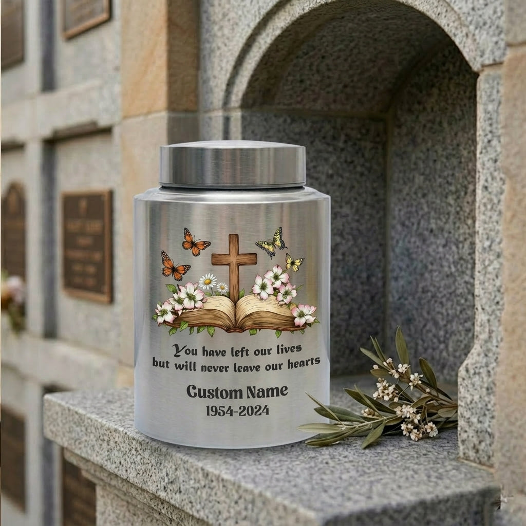 Personalized Christian Cross Bible Floral Urn, Custom Name Date Stainless Steel Adult Ash Container, Bereavement Sympathy Funeral Memorial Keepsake Urn, Memorial Gift, In Loving Memory - Image 7