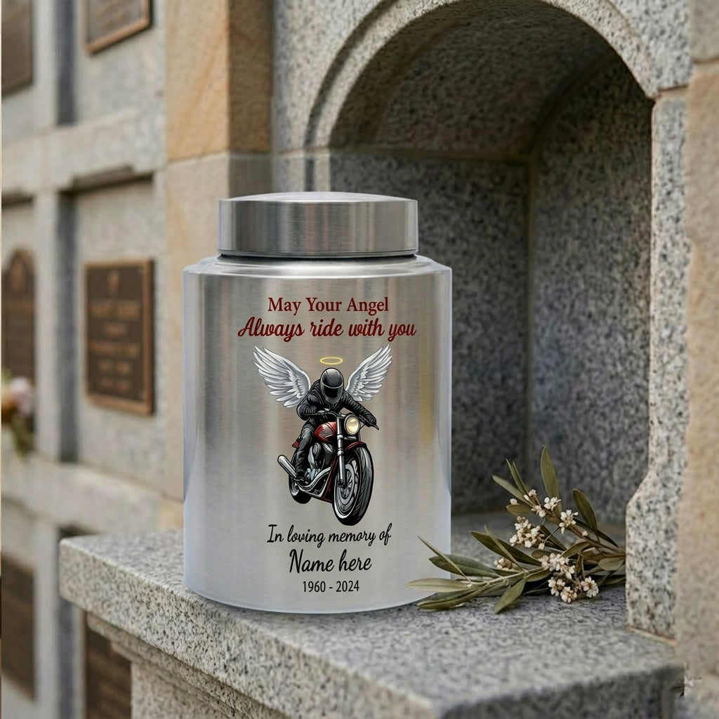 Personalized Motorcycle Riding in Heaven Stainless Steel Urn for Adult Male Dad Husband Biker Ashes, May Your Angel Always Ride With You, Memorial Keepsake Urn, Memorial Gift, In Loving Memory - Image 7