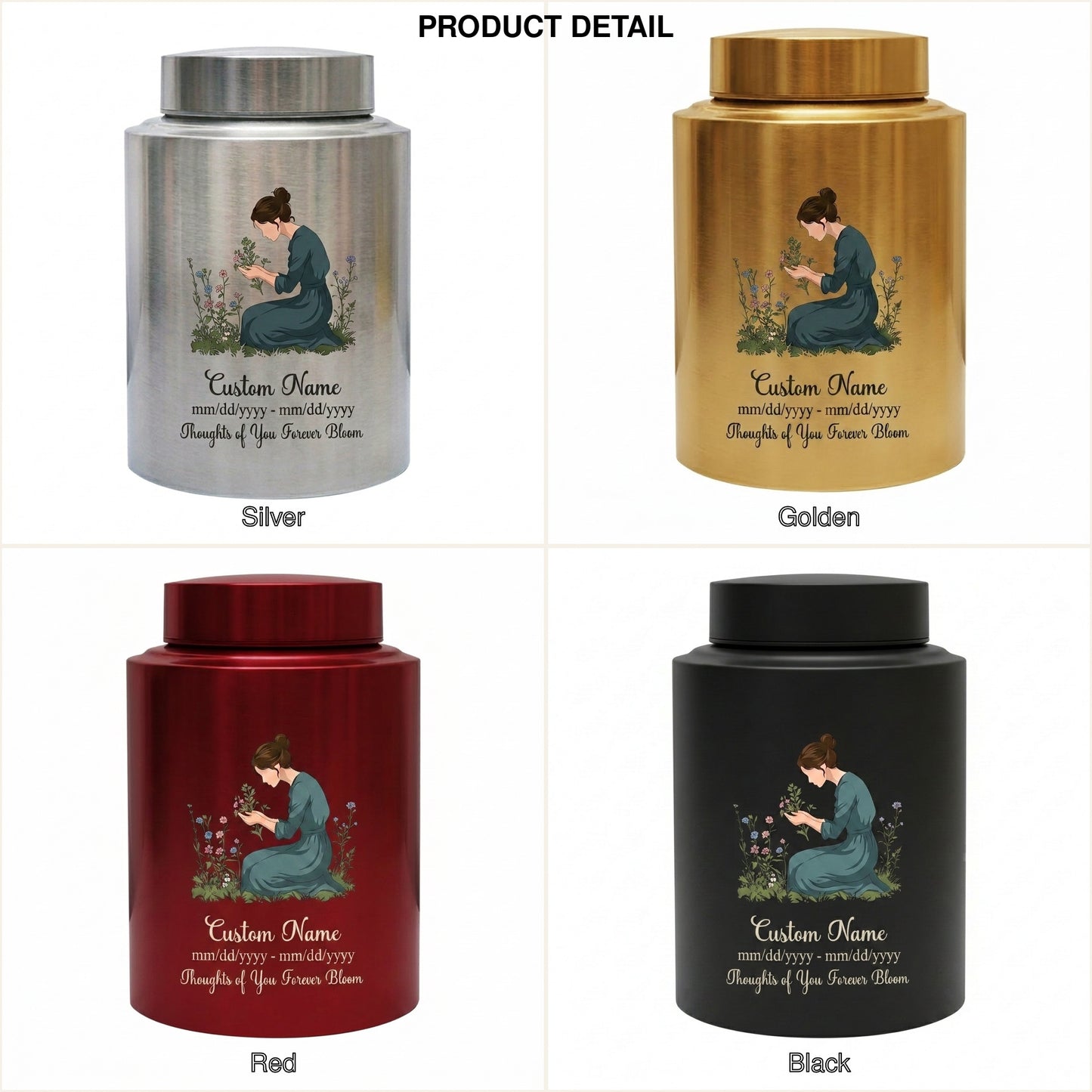 Personalized Gardening Theme Stainless Steel Cremation Urn for Mom Grandma, Custom Name Date Thoughts of You Forever Bloom Floral Ashes Holder, Memorial Keepsake Urn, Memorial Gift, In Loving Memory - Image 8