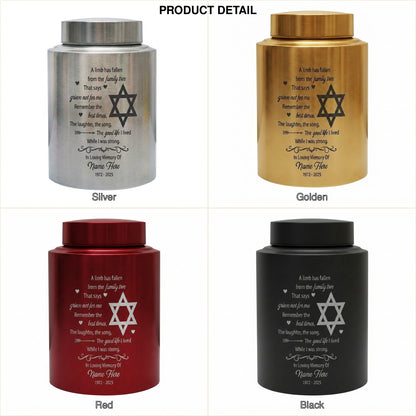 Personalized Tree of Life Jewish Star of David UV Printed Stainless Steel Urn Loss of Loved One Judaism Bereavement Tribute Large 7.5in Memorial Keepsake Urn, Memorial Gift, In Loving Memory - Image 8