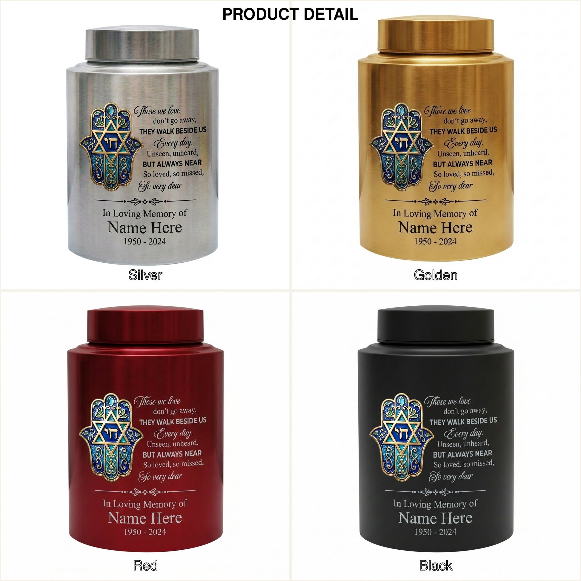 Personalized Jewish Star of David Hamsa Hand Chai Tree of Life Stainless Steel Bereavement Sympathy Silver Black Gold Red 2 Sizes Memorial Keepsake Urn, Memorial Gift, In Loving Memory - Image 8