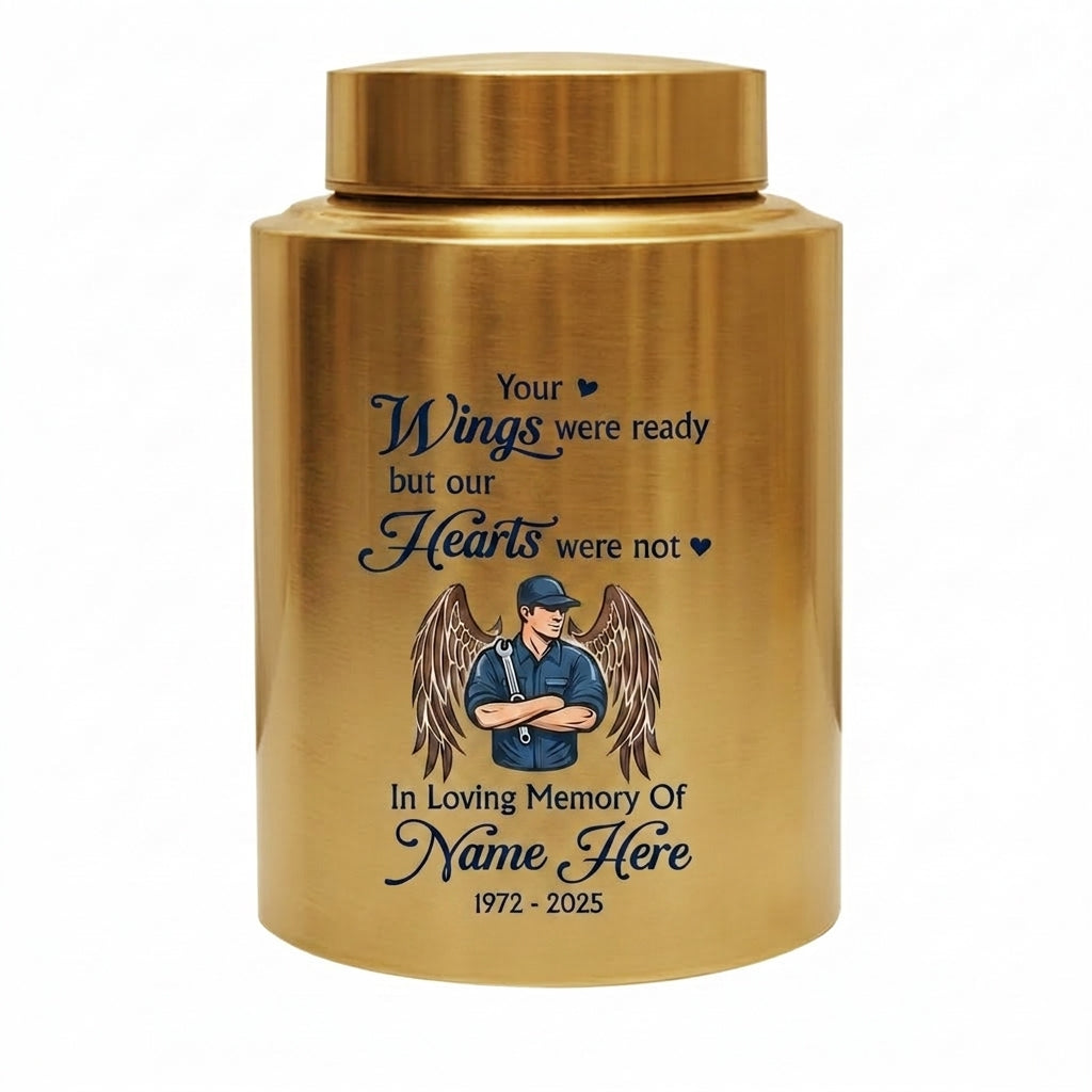 Personalized Mechanic Wings Were Ready But Our Hearts Were Not UV Printed Ash Holder For Dad Father Husband Loss Support Memorial Keepsake Urn, Memorial Gift, In Loving Memory - Image 9