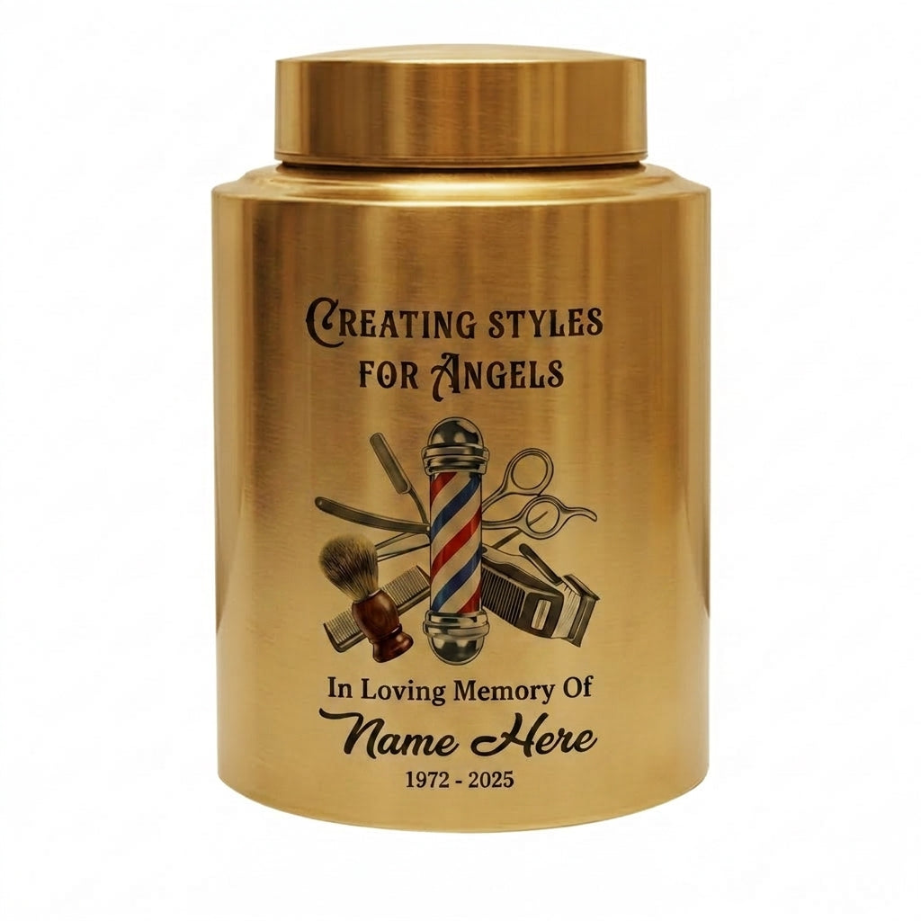 Personalized Master Barber Hair Stylist UV Printed Stainless Steel Urn for Ashes Cosmetologist Sympathy Bereavement Large Silver Black Gold Red Memorial Keepsake Urn, Memorial Gift, In Loving Memory - Image 9