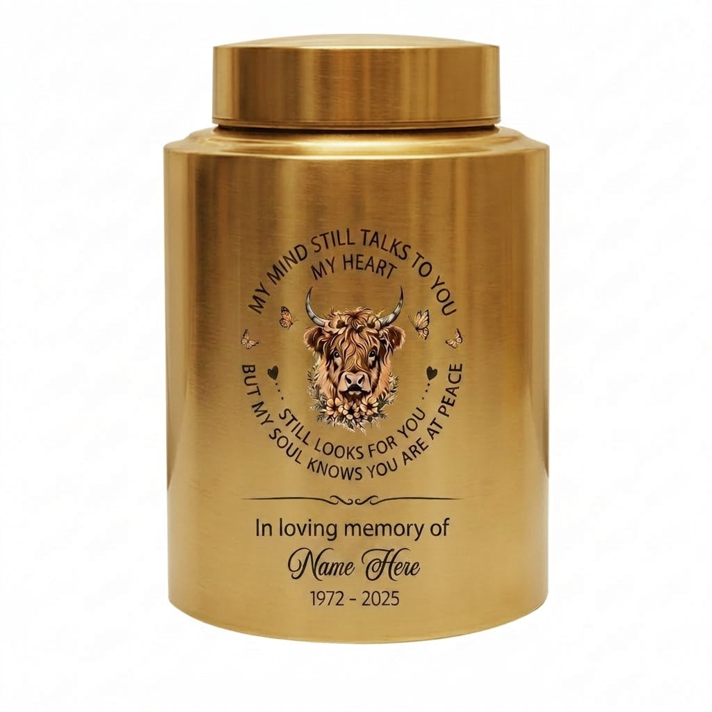 Personalized Highland Cow UV Printed Ash Container for Loss of Mother Father, My Mind Still Talks to You Quote, Large 7.5x5.1 or 5.9x3.9 Sizes, Memorial Keepsake Urn, Memorial Gift, In Loving Memory - Image 9