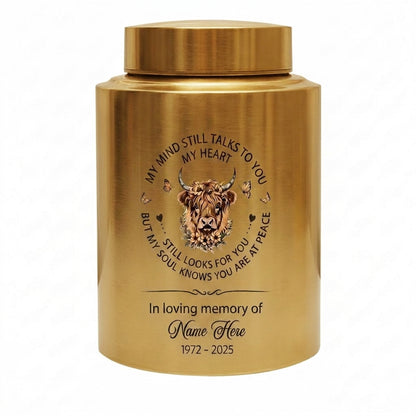 Personalized Highland Cow UV Printed Ash Container for Loss of Mother Father, My Mind Still Talks to You Quote, Large 7.5x5.1 or 5.9x3.9 Sizes, Memorial Keepsake Urn, Memorial Gift, In Loving Memory - Image 9
