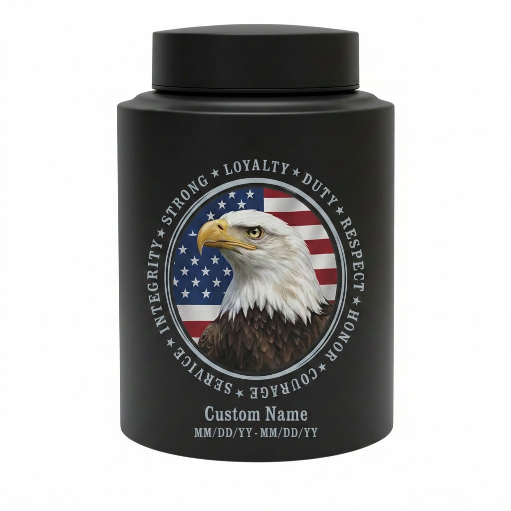 Personalized Patriotic Bald Eagle American Flag Stainless Steel Cremation Urn for Veteran Dad Men, Military Values Design Two Sizes Memorial Keepsake Urn, Memorial Gift, In Loving Memory - Image 11