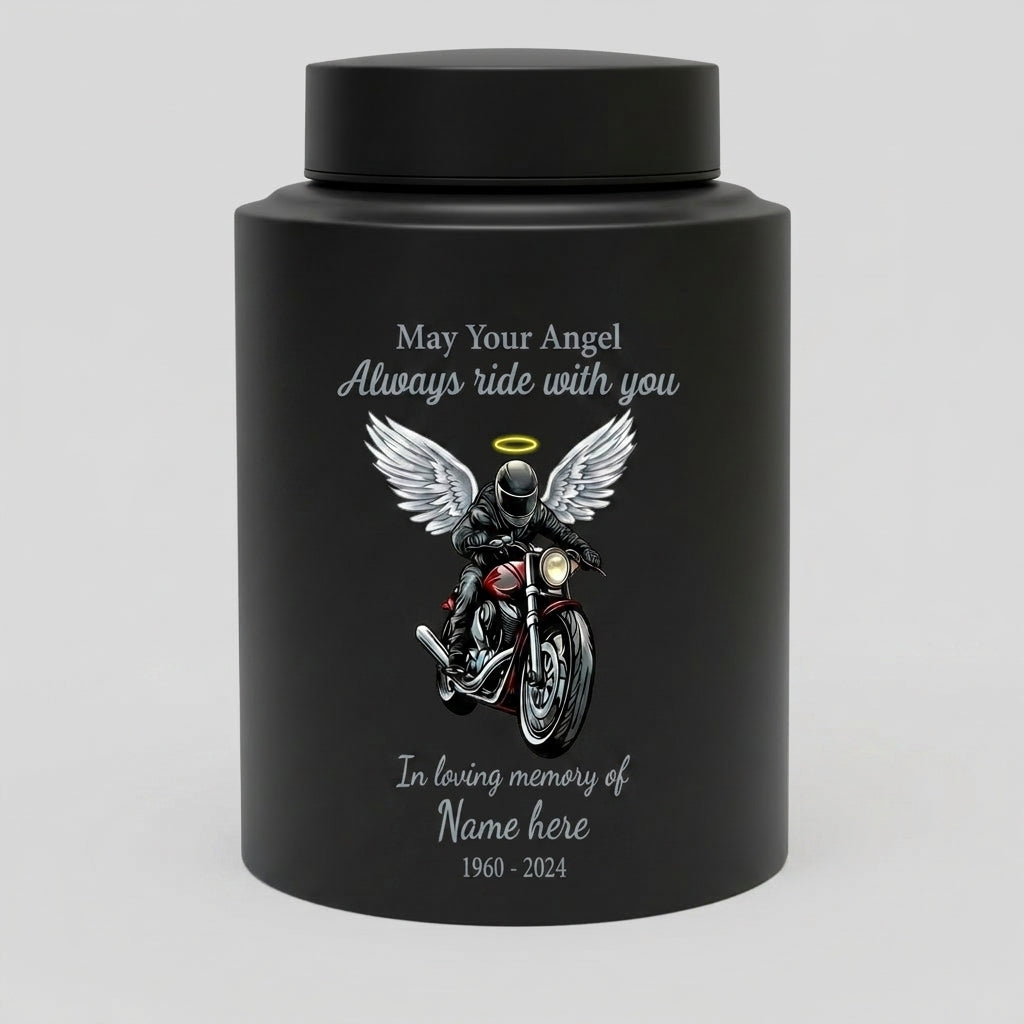 Personalized Motorcycle Riding in Heaven Stainless Steel Urn for Adult Male Dad Husband Biker Ashes, May Your Angel Always Ride With You, Memorial Keepsake Urn, Memorial Gift, In Loving Memory - Image 11