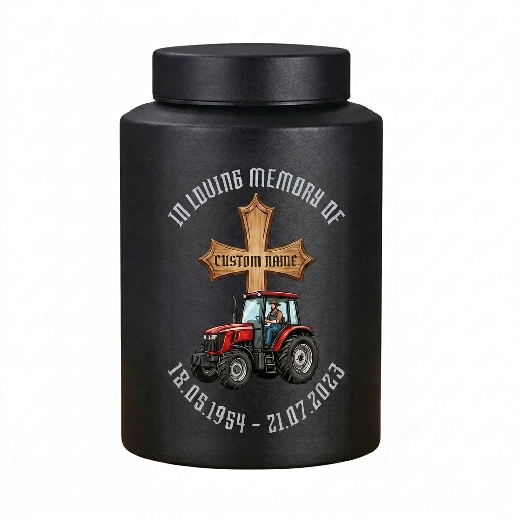 Personalized Farmer Tractor Gothic Cross Stainless Steel Urn for Human Ashes Loss of Father Grandfather Husband Decorative 5.9x3.9 7.5x5.1 Memorial Keepsake Urn, Memorial Gift, In Loving Memory - Image 11