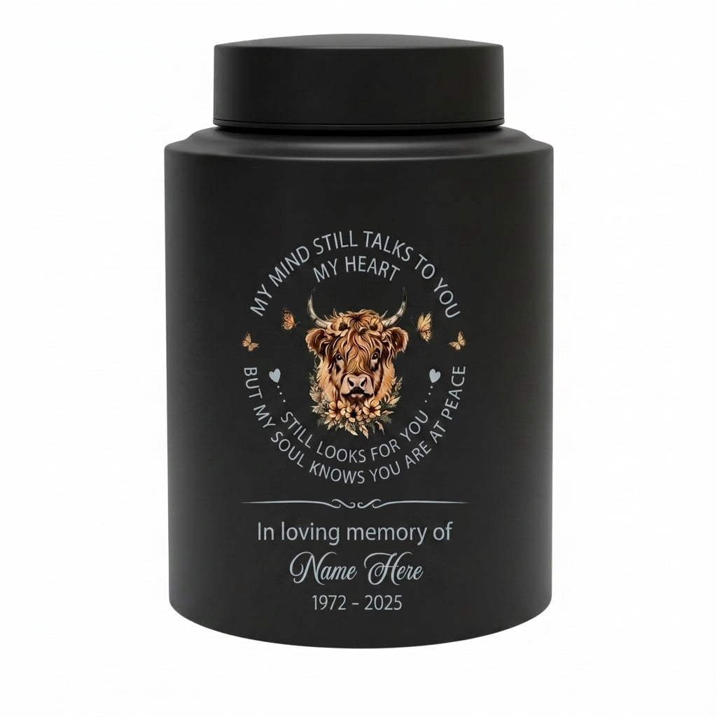 Personalized Highland Cow UV Printed Ash Container for Loss of Mother Father, My Mind Still Talks to You Quote, Large 7.5x5.1 or 5.9x3.9 Sizes, Memorial Keepsake Urn, Memorial Gift, In Loving Memory - Image 11
