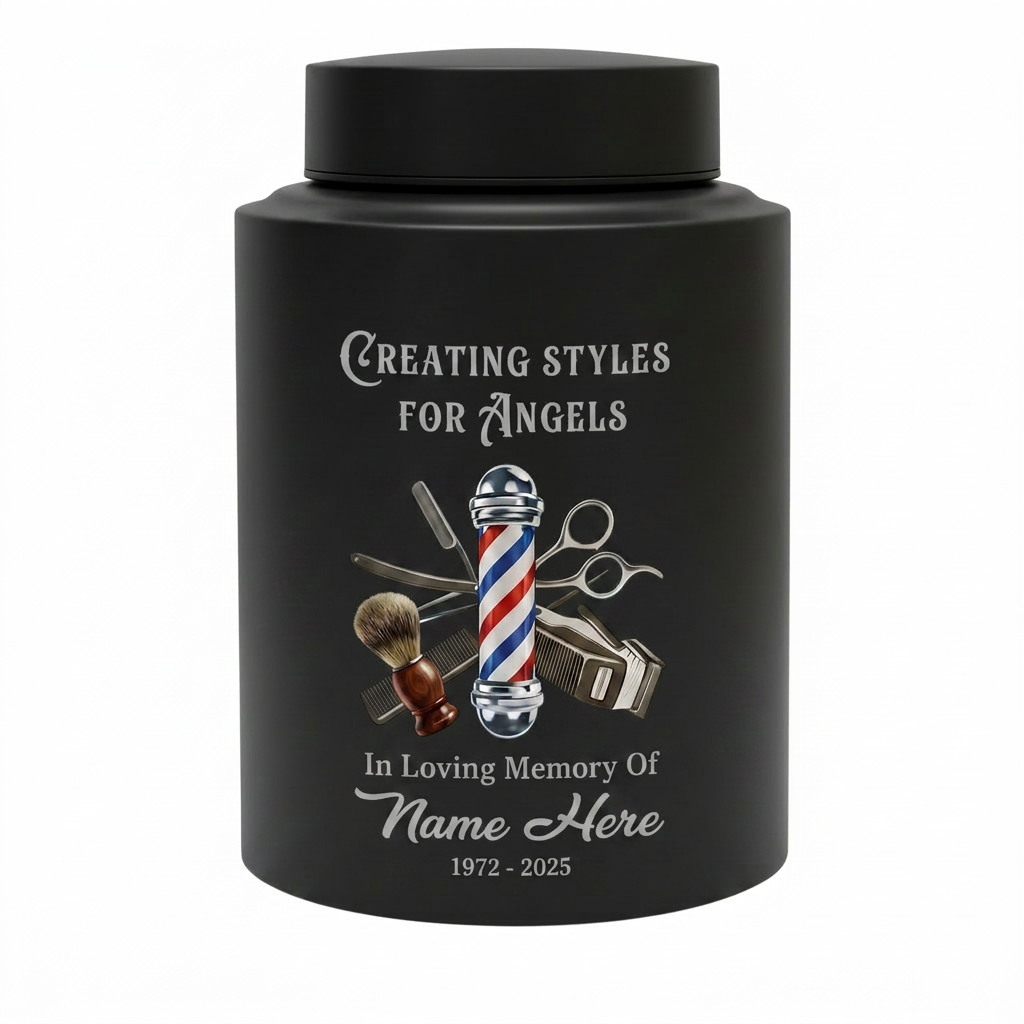 Personalized Master Barber Hair Stylist UV Printed Stainless Steel Urn for Ashes Cosmetologist Sympathy Bereavement Large Silver Black Gold Red Memorial Keepsake Urn, Memorial Gift, In Loving Memory - Image 11