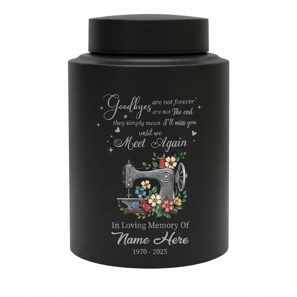 Personalized Sewing Stainless Steel Cremation Urn for Mom Grandma Crafter, Goodbyes Are Not Forever Quote Custom Name Date, Memorial Keepsake Urn, Memorial Gift, In Loving Memory - Image 11