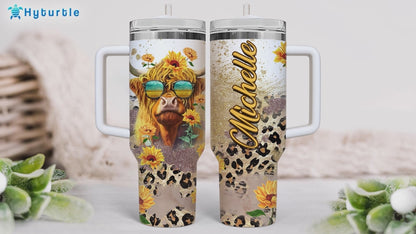 Sunflower Highland Cow Tumbler 40oz with Handle & Straw – Personalized Stainless Steel Travel Cup with Lid – Creative Gift for Animal Lovers