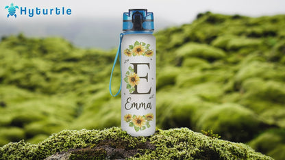 Sunflower Initial Water Bottle Tracker 32oz – Personalized Birthday Gift for Women & Sunflower Lovers