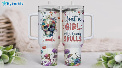 Floral Skull 40oz Tumbler with Handle & Straw – Personalized Stainless Steel Insulated Travel Cup with Lid – Gothic Artistic Gift for Women