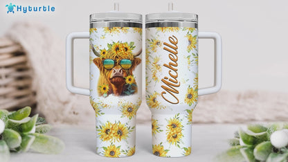 Highland Cow Tumbler 40oz with Handle & Straw – Personalized Stainless Steel Insulated Travel Cup with Lid – Fun Farm Gift for Cow Lovers