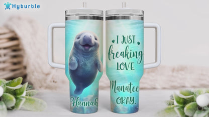 Manatee Lover Tumbler 40oz – Personalized Stainless Steel Insulated Travel Cup with Handle & Straw, Leak-Proof Lid – Unique Sea Animal Gift for Ocean Lovers