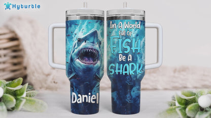 Fierce Shark Ocean Tumbler 40oz with Handle & Straw – Personalized Stainless Steel Travel Cup with Lid – Cool Gift for Shark Lovers