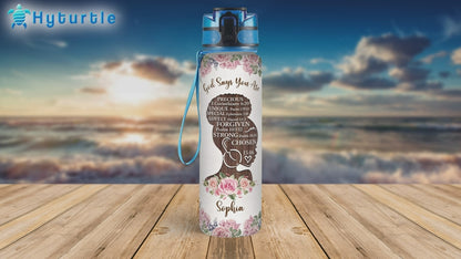 God Says You Are Water Bottle Tracker 32oz – Personalized Inspirational Gift for Black Women & Christian Faith Lovers