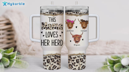 Highland Cow Mama Tumbler 40oz – Personalized Stainless Steel Travel Cup with Handle & Straw, Insulated & Leak-Proof – Creative Farm Animal Gift for Mom
