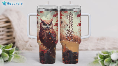 Fall Owl Tumbler 40oz – Personalized Stainless Steel Insulated Travel Cup with Handle & Straw, Leak-Proof Lid – Stylish Autumn Gift for Owl Lovers