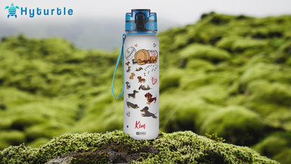 Dachshund Happy Pills Water Bottle Tracker 32oz – Personalized Motivational Bottle with Time Marker – Fun Gift for Dog Lovers