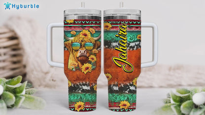 Highland Cow Western Sunflower Tumbler 40oz with Handle & Straw – Personalized Stainless Steel Insulated Cup with Lid – Creative Gift for Animal Lovers