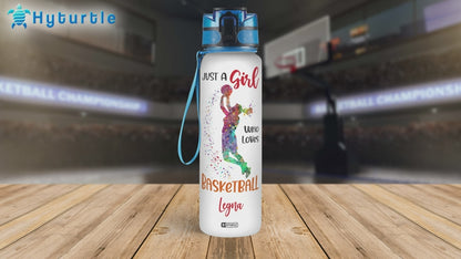 Just a Girl Who Loves Basketball Water Bottle Tracker 32oz – Personalized Sports Gift for Basketball Fans on Birthday