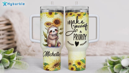 Cute Sloth & Sunflower Tumbler 40oz with Handle & Straw – Personalized Stainless Steel Insulated Travel Cup with Lid – Adorable Gift for Sloth Lovers
