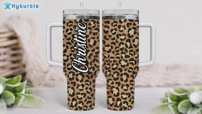 Leopard Print Tumbler 40oz with Handle & Straw – Personalized Stainless Steel Insulated Travel Cup with Lid – Stylish Gift for Women