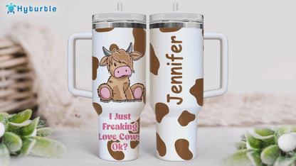 Cute Highland Cow Cartoon Tumbler 40oz with Handle & Straw – Personalized Stainless Steel Travel Cup with Lid – Unique Gift for Cow Lovers
