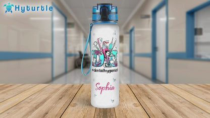 Dental Hygienist Theme Water Bottle Tracker 32oz – Personalized Hydration Bottle with Time Marker – Appreciation Gift for Dental Workers