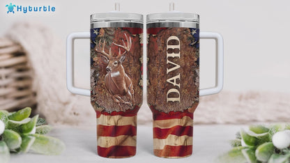 Deer Hunting Tumbler 40oz with Handle & Straw – Personalized Stainless Steel Travel Cup with Lid – Outdoor Gift for Hunters & Dads