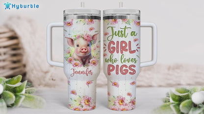 Pig Lover Tumbler 40oz – Personalized Stainless Steel Travel Cup with Handle & Straw, Insulated Coffee Mug – Cute Gift for Animal Lovers
