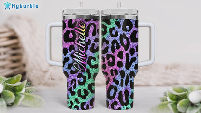 Colorful Leopard Print Tumbler 40oz with Handle & Straw – Personalized Stainless Steel Insulated Cup with Lid – Creative Gift for Women