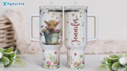 Floral Highland Cow Tumbler 40oz with Handle & Straw – Personalized Stainless Steel Insulated Travel Cup with Lid – Creative Gift for Cow Lovers