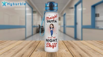 Funny Night Shift Nurse Water Bottle Tracker 32oz – Personalized Motivational Bottle with Time Marker – Unique Appreciation Gift for Nurses