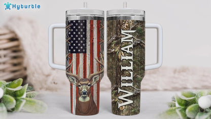 Deer Hunting American Flag Tumbler 40oz with Handle & Straw – Personalized Stainless Steel Insulated Cup with Lid – Gift for Hunters & Outdoorsmen