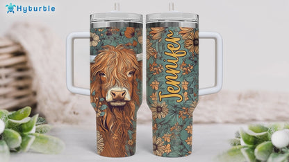 Floral Highland Cow Tumbler 40oz with Handle & Straw – Personalized Stainless Steel Travel Cup with Lid – Stylish Gift for Cow Lovers