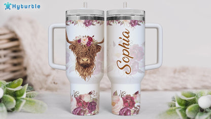 Highland Cow Floral Tumbler 40oz – Personalized Stainless Steel Insulated Cup with Handle & Straw – Unique Gift for Cow Lovers