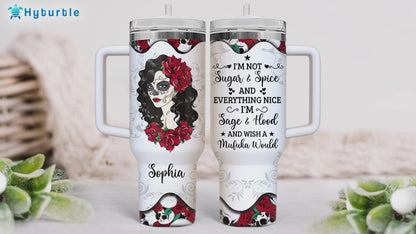 Sugar Skull Rose Tumbler 40oz with Handle & Straw – Personalized Stainless Steel Insulated Cup with Lid – Gothic Gift for Skull Lovers