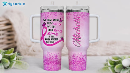 Pink Ribbon Awareness Tumbler 40oz with Handle & Straw – Personalized Stainless Steel Insulated Travel Cup with Lid – Inspirational Gift for Women